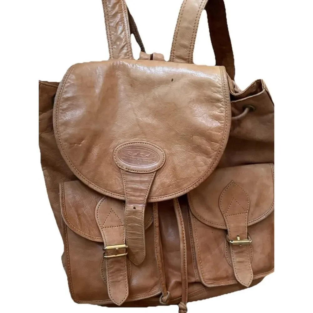 Vtg Kara Leather Backpack Tan Leather Rucksack Heritage Utility Boho USA Bag